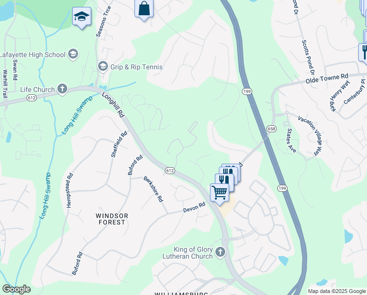 map of restaurants, bars, coffee shops, grocery stores, and more near 101 Glenburnie Road in Williamsburg
