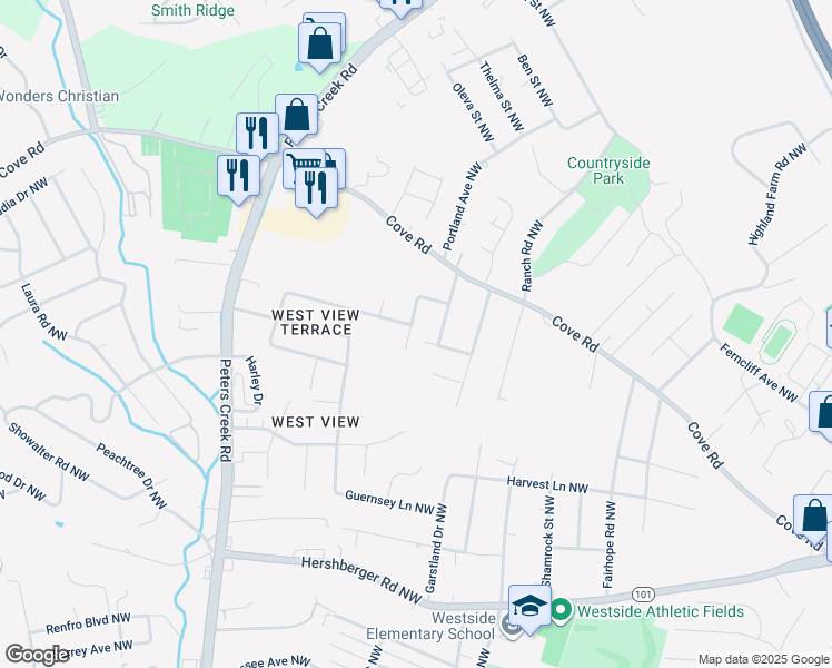 map of restaurants, bars, coffee shops, grocery stores, and more near 2104 Temple Drive Northwest in Roanoke