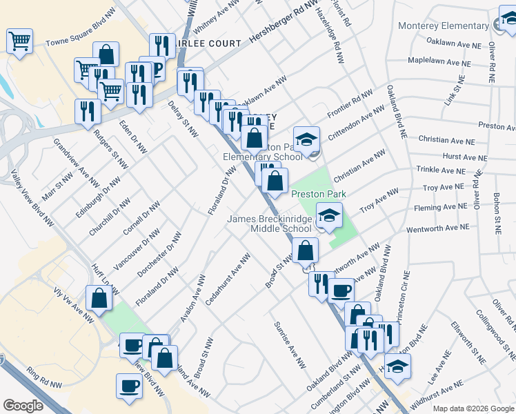 map of restaurants, bars, coffee shops, grocery stores, and more near 4201 Williamson Road in Roanoke