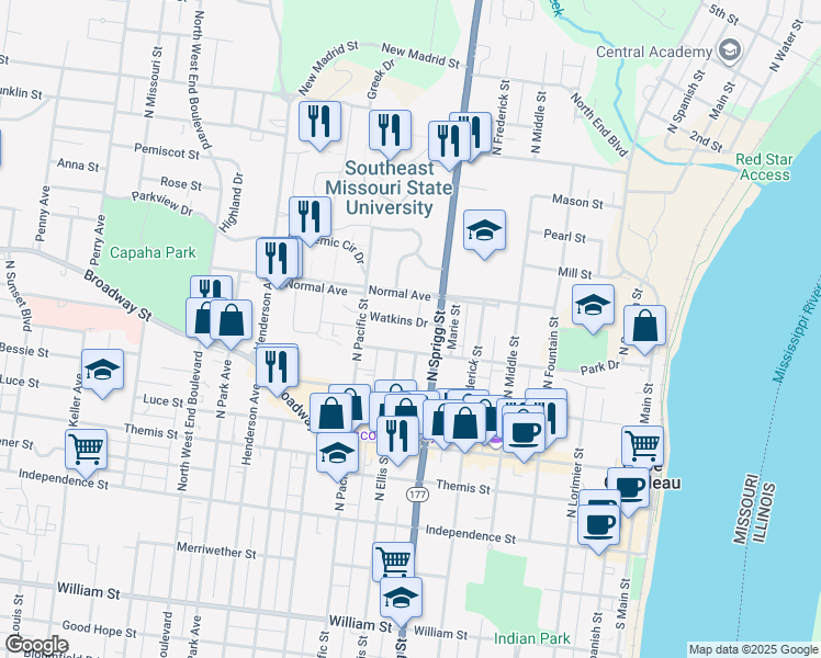 map of restaurants, bars, coffee shops, grocery stores, and more near 735 Watkins Drive in Cape Girardeau