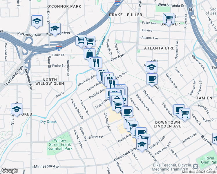 map of restaurants, bars, coffee shops, grocery stores, and more near 1092 Broadway Avenue in San Jose