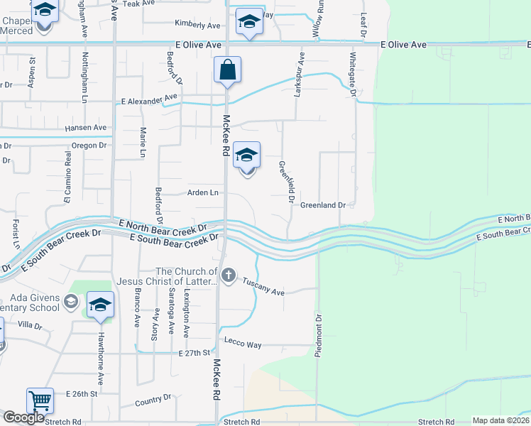 map of restaurants, bars, coffee shops, grocery stores, and more near 2851 Arden Lane in Merced