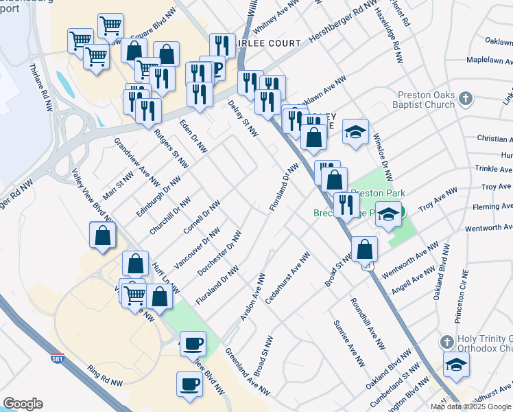 map of restaurants, bars, coffee shops, grocery stores, and more near 4421 Eden Drive Northwest in Roanoke