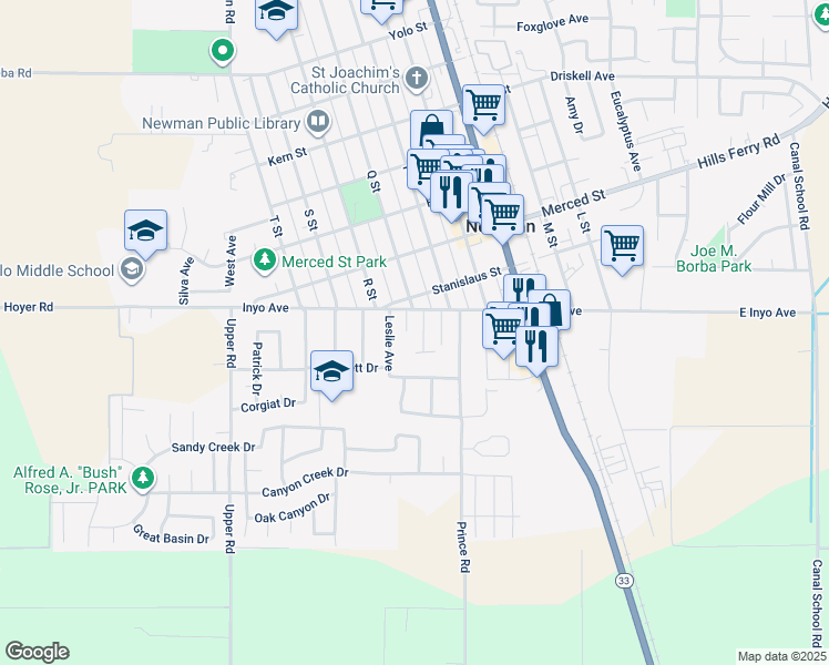 map of restaurants, bars, coffee shops, grocery stores, and more near 1222 Inyo Avenue in Newman