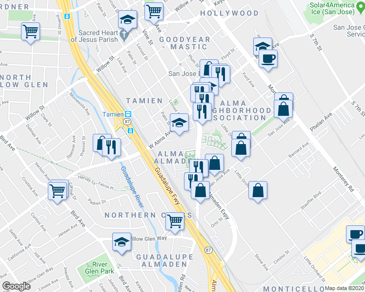 map of restaurants, bars, coffee shops, grocery stores, and more near 314 Shadow Run Drive in San Jose