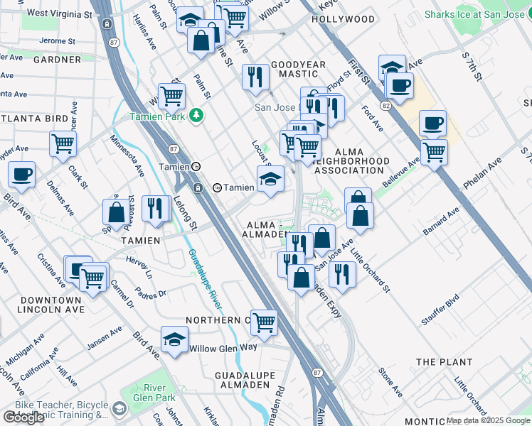map of restaurants, bars, coffee shops, grocery stores, and more near 373 Shadow Run Drive in San Jose