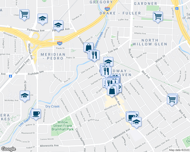 map of restaurants, bars, coffee shops, grocery stores, and more near in San Jose
