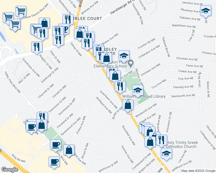 map of restaurants, bars, coffee shops, grocery stores, and more near 4201 Williamson Road in Roanoke