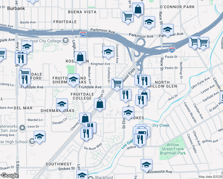 map of restaurants, bars, coffee shops, grocery stores, and more near 1490 Fruitdale Avenue in San Jose