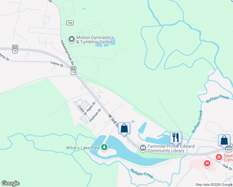 map of restaurants, bars, coffee shops, grocery stores, and more near High Bridge Trail in Farmville