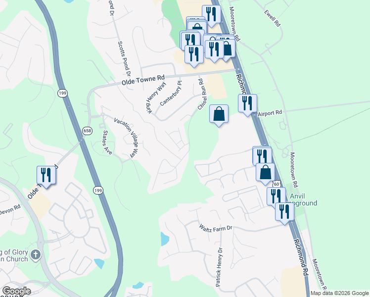 map of restaurants, bars, coffee shops, grocery stores, and more near 5406 Mary Lane in Williamsburg