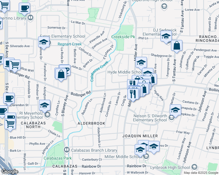 map of restaurants, bars, coffee shops, grocery stores, and more near 6471 Bollinger Road in Cupertino