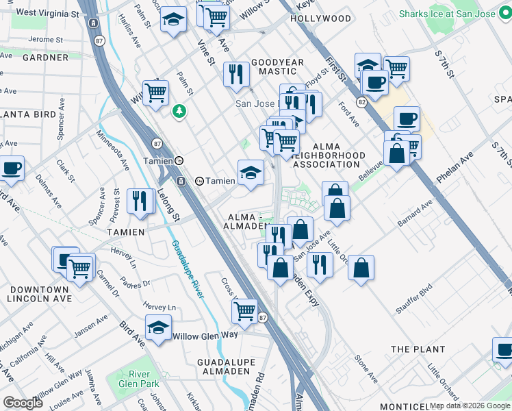 map of restaurants, bars, coffee shops, grocery stores, and more near 314 Shadow Run Drive in San Jose