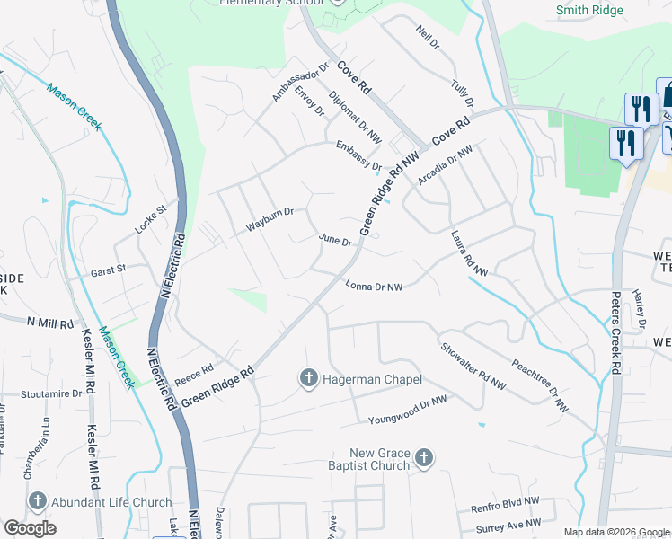 map of restaurants, bars, coffee shops, grocery stores, and more near 5914 Janda Drive in Roanoke