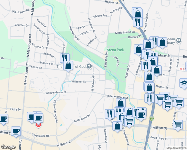 map of restaurants, bars, coffee shops, grocery stores, and more near 210 North Pindwood Lane in Cape Girardeau
