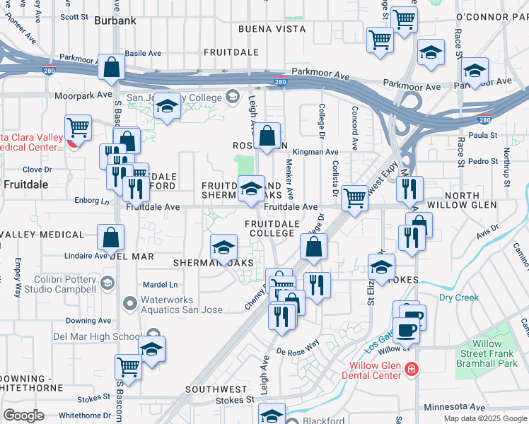 map of restaurants, bars, coffee shops, grocery stores, and more near 1745 Fruitdale Avenue in San Jose