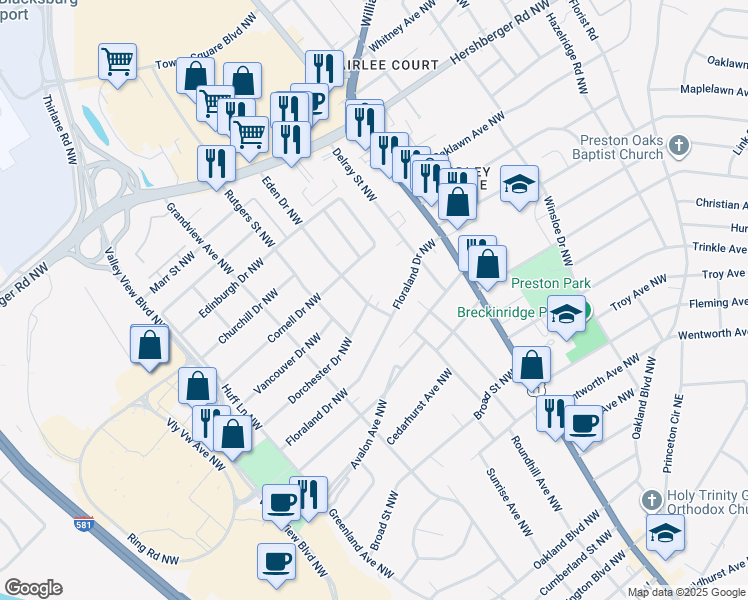 map of restaurants, bars, coffee shops, grocery stores, and more near 4421 Eden Drive Northwest in Roanoke