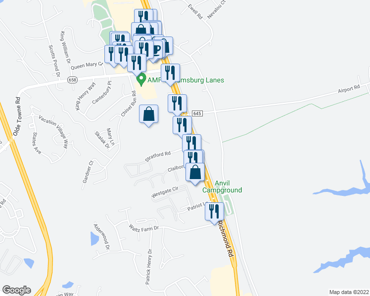 map of restaurants, bars, coffee shops, grocery stores, and more near 109 Stratford Road in Williamsburg