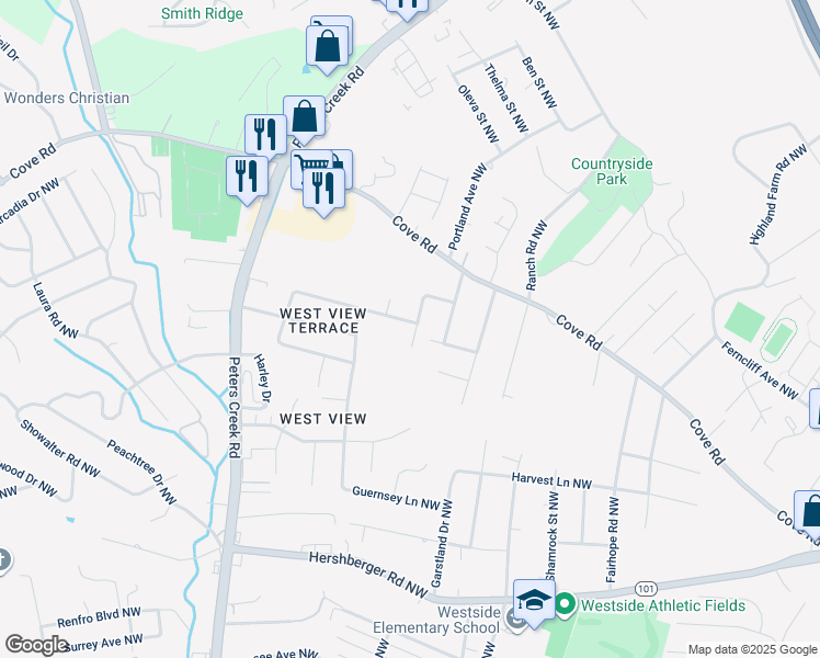 map of restaurants, bars, coffee shops, grocery stores, and more near 4224 Quail Drive Northwest in Roanoke