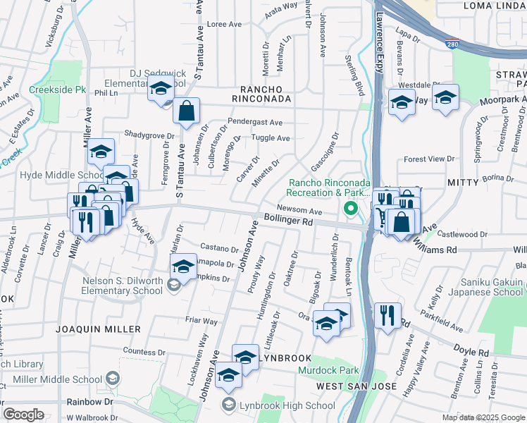 map of restaurants, bars, coffee shops, grocery stores, and more near 10860 Johnson Avenue in Cupertino