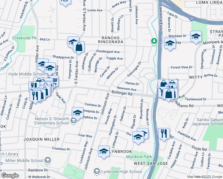 map of restaurants, bars, coffee shops, grocery stores, and more near 10860 Johnson Avenue in Cupertino