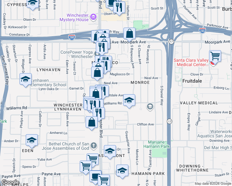 map of restaurants, bars, coffee shops, grocery stores, and more near 3028 Neal Avenue in San Jose