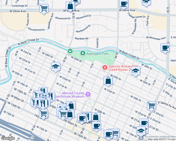 map of restaurants, bars, coffee shops, grocery stores, and more near 2417 O Street in Merced