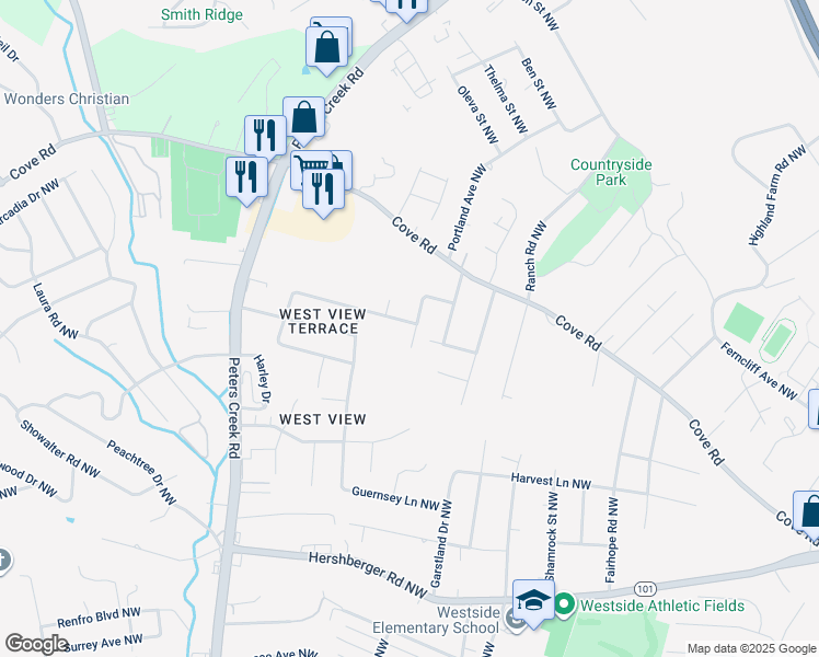 map of restaurants, bars, coffee shops, grocery stores, and more near 4224 Quail Drive Northwest in Roanoke