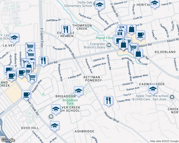map of restaurants, bars, coffee shops, grocery stores, and more near 3255 Pomeroy Avenue in San Jose