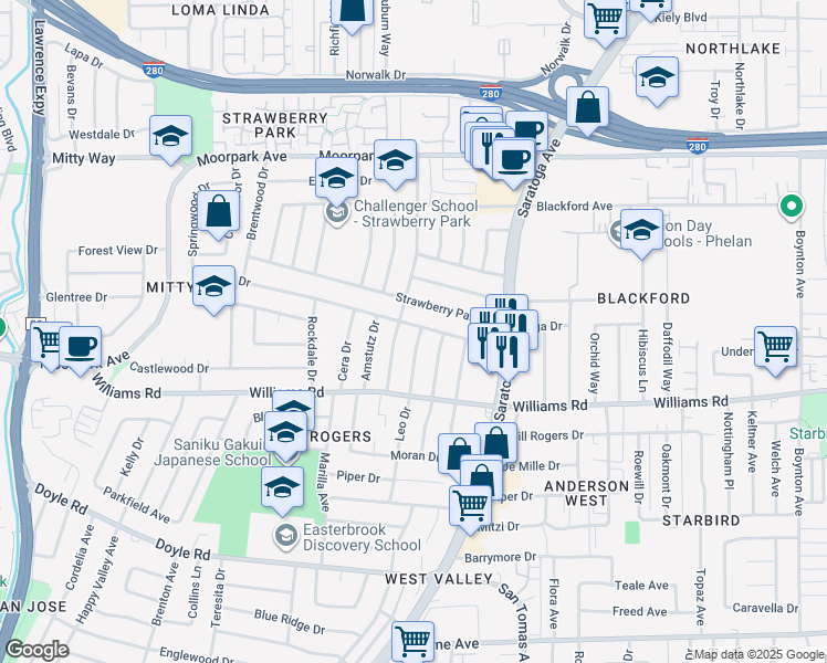 map of restaurants, bars, coffee shops, grocery stores, and more near 4470 Borina Drive in San Jose