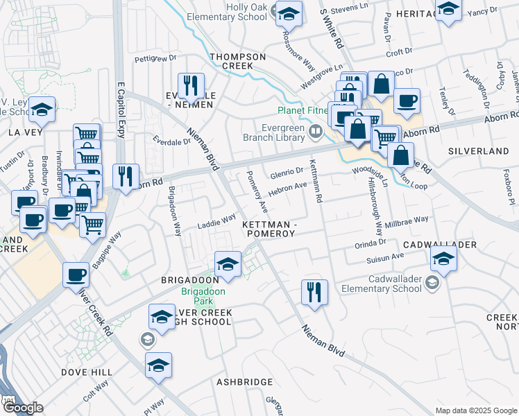 map of restaurants, bars, coffee shops, grocery stores, and more near 3255 Pomeroy Avenue in San Jose