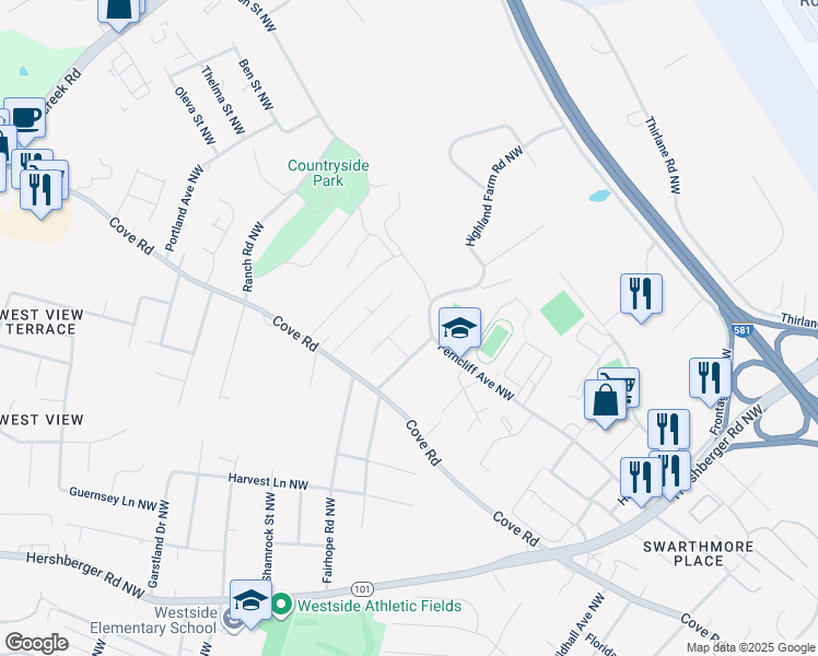 map of restaurants, bars, coffee shops, grocery stores, and more near 2065 Fairhope Road Northwest in Roanoke