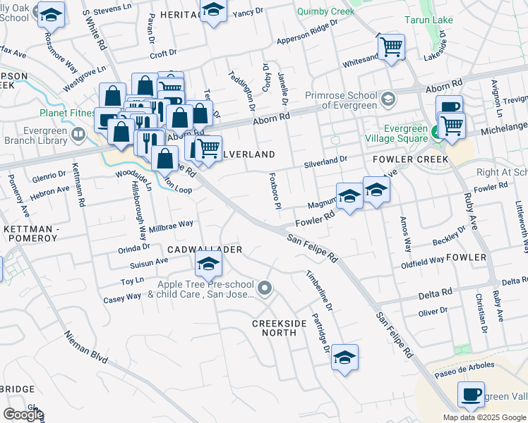 map of restaurants, bars, coffee shops, grocery stores, and more near 3544 San Felipe Road in San Jose