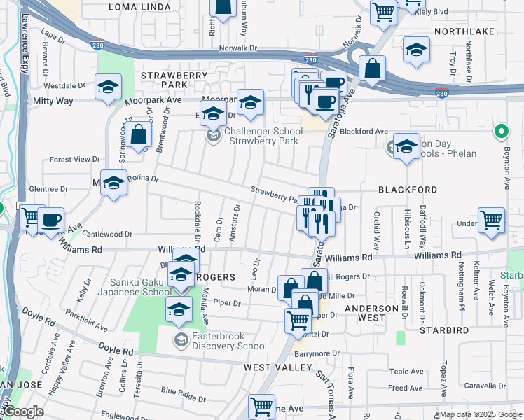 map of restaurants, bars, coffee shops, grocery stores, and more near 4470 Borina Drive in San Jose