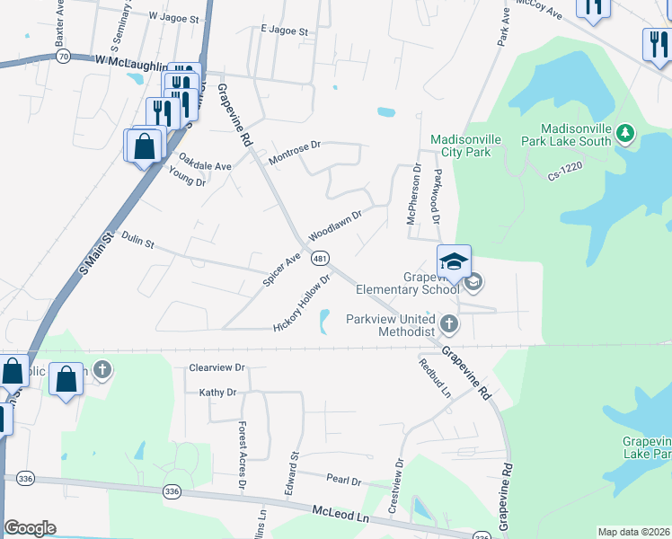 map of restaurants, bars, coffee shops, grocery stores, and more near 1199 Grapevine Rd in Madisonville