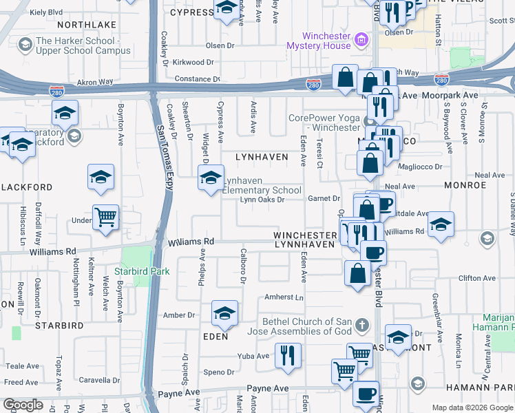 map of restaurants, bars, coffee shops, grocery stores, and more near 3393 Lynn Oaks Drive in San Jose