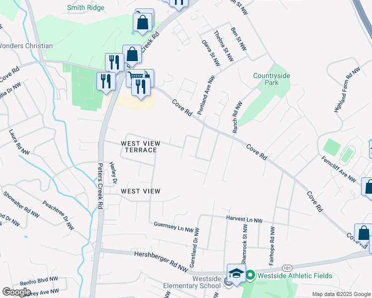 map of restaurants, bars, coffee shops, grocery stores, and more near 2108 Temple Drive Northwest in Roanoke