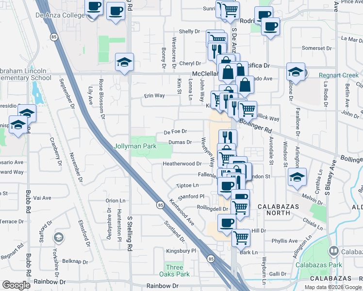 map of restaurants, bars, coffee shops, grocery stores, and more near 7537 Dumas Drive in Cupertino