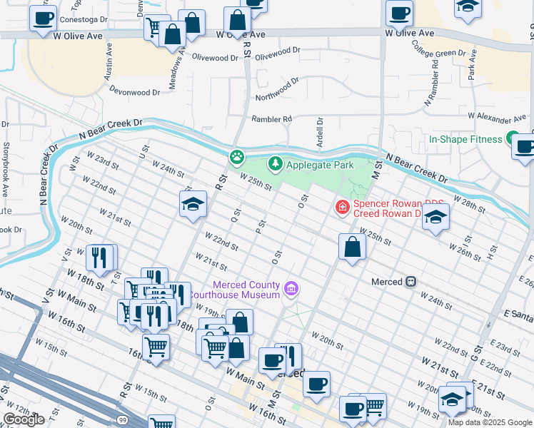 map of restaurants, bars, coffee shops, grocery stores, and more near West 24th Street in Merced