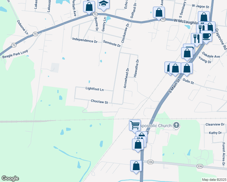 map of restaurants, bars, coffee shops, grocery stores, and more near 600 Lightfoot Lane in Madisonville