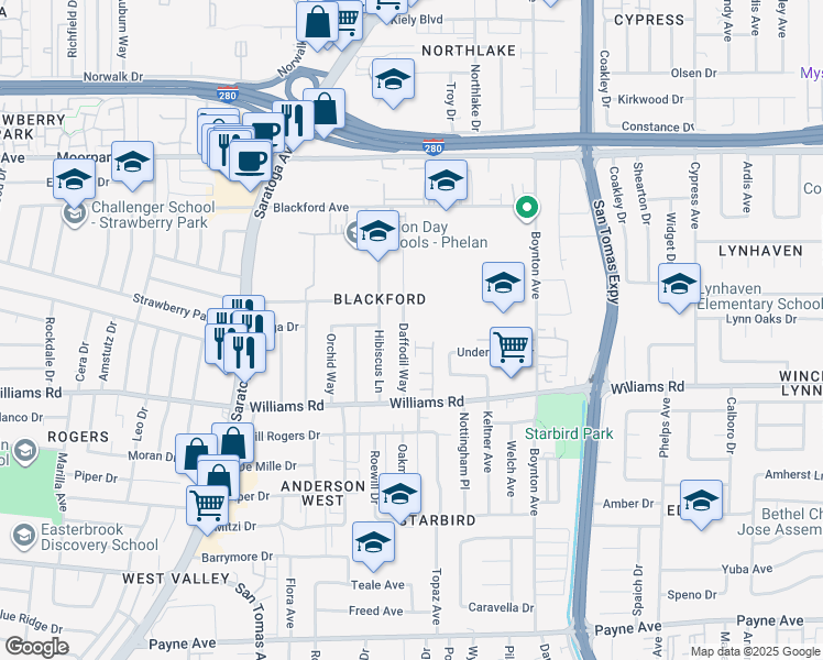 map of restaurants, bars, coffee shops, grocery stores, and more near 872 Daffodil Way in San Jose