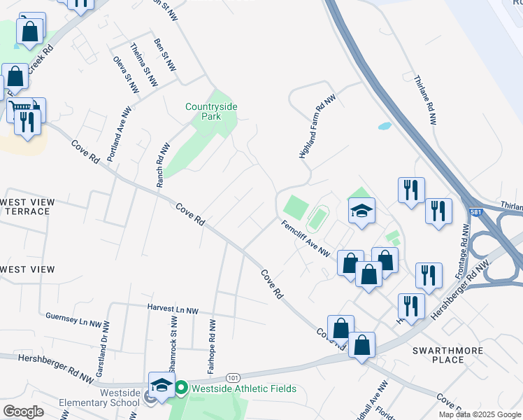 map of restaurants, bars, coffee shops, grocery stores, and more near 2065 Fairhope Road Northwest in Roanoke