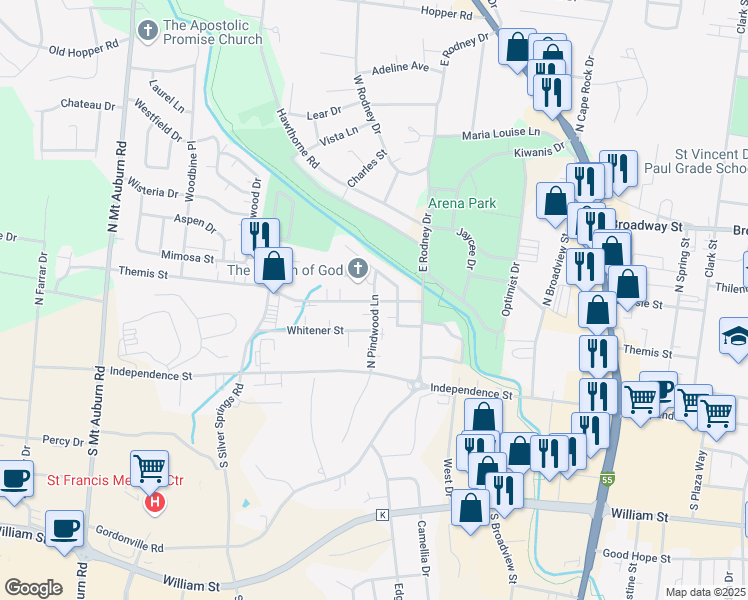 map of restaurants, bars, coffee shops, grocery stores, and more near 211 North Pindwood Lane in Cape Girardeau