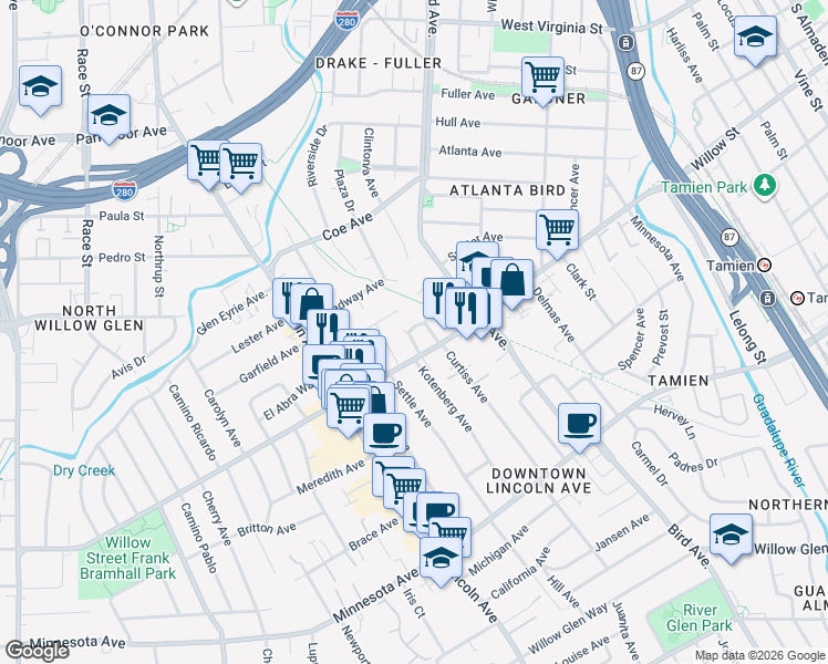 map of restaurants, bars, coffee shops, grocery stores, and more near 962 Patricia Way in San Jose