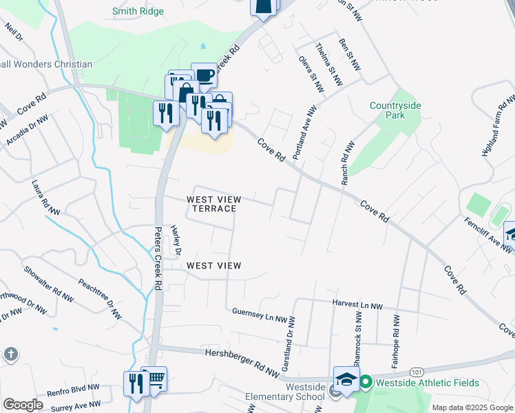 map of restaurants, bars, coffee shops, grocery stores, and more near 4236 Quail Drive Northwest in Roanoke