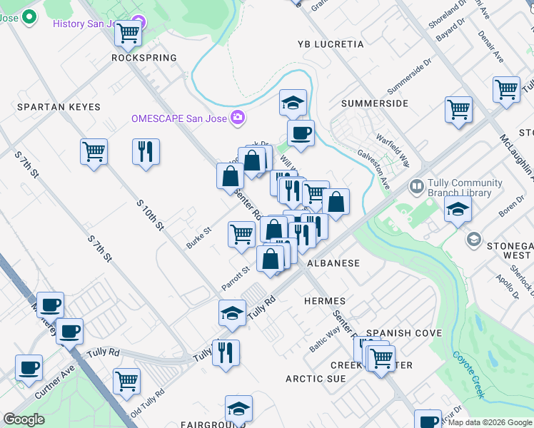 map of restaurants, bars, coffee shops, grocery stores, and more near 2266 Senter Road in San Jose