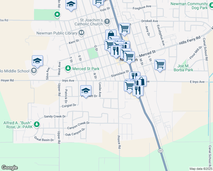 map of restaurants, bars, coffee shops, grocery stores, and more near 1222 Inyo Avenue in Newman