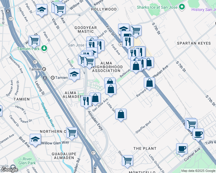 map of restaurants, bars, coffee shops, grocery stores, and more near 1570 Little Orchard Street in San Jose
