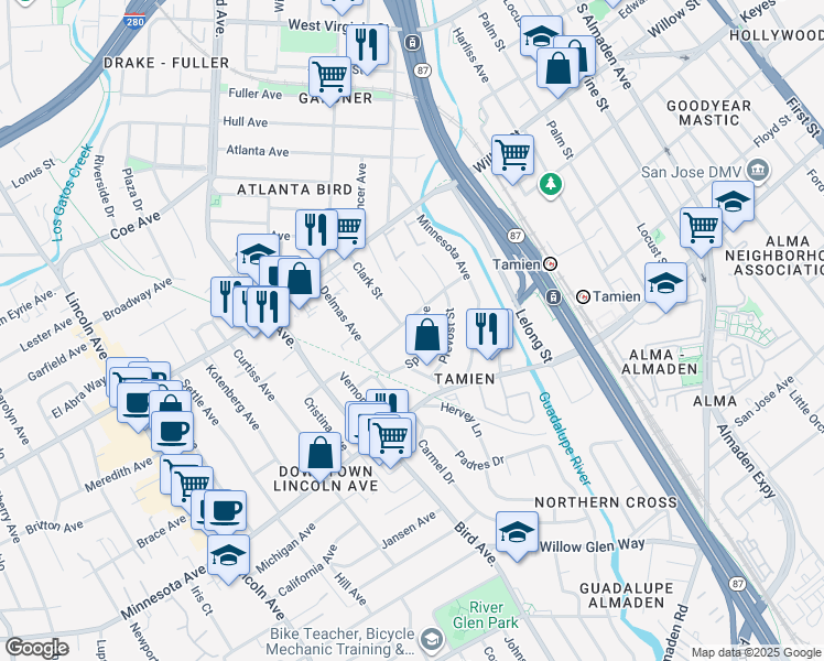 map of restaurants, bars, coffee shops, grocery stores, and more near 584 Dorothy Avenue in San Jose