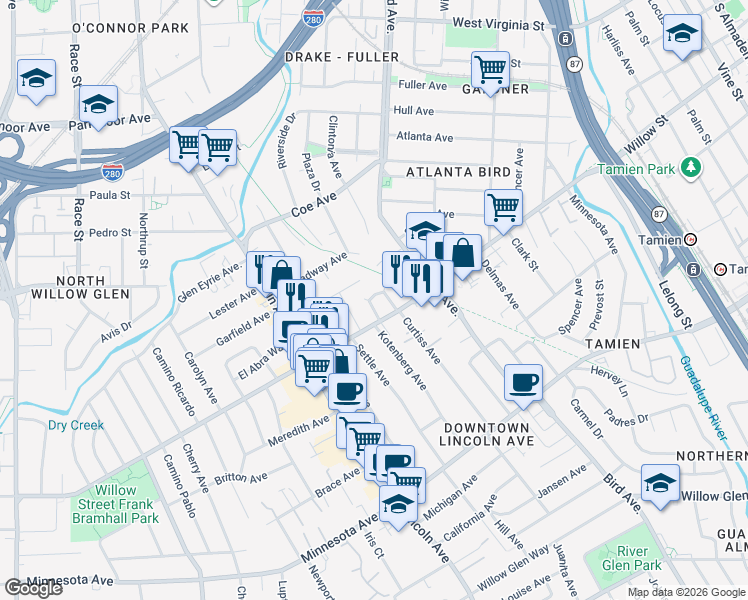 map of restaurants, bars, coffee shops, grocery stores, and more near 962 Patricia Way in San Jose